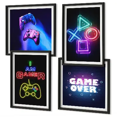 Zarámovaný set obrazov ikona hráča s gamepadmi a titulkami
