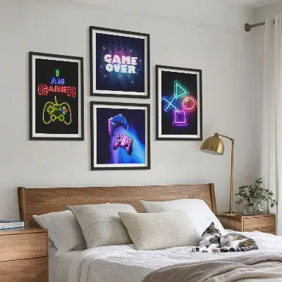 Zarámovaný set obrazov ikona hráča s gamepadmi a titulkami