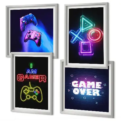 Zarámovaný set obrazov ikona hráča s gamepadmi a titulkami
