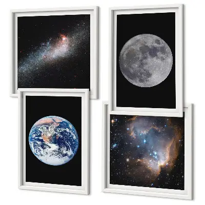 Sada zarámovaných obrazov motív galaxia mesiac a vesmír