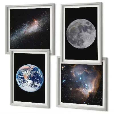 Sada zarámovaných obrazov motív galaxia mesiac a vesmír