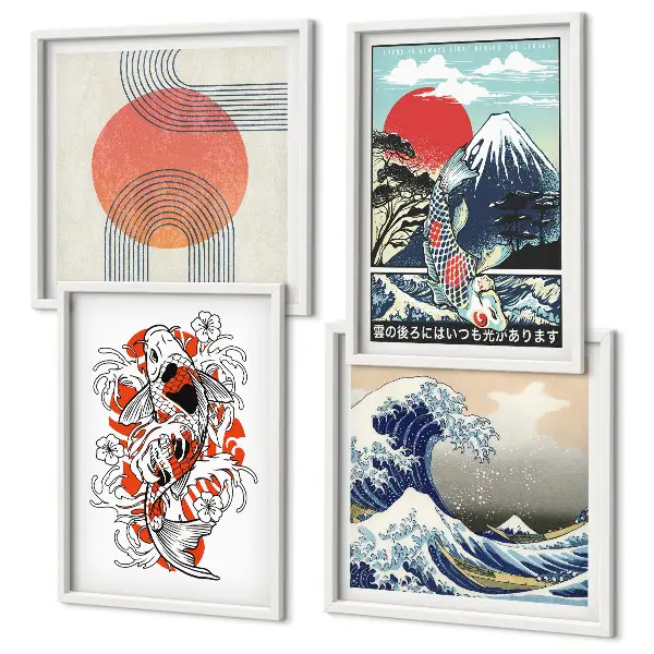 Zarámovaný set obrazov s japonskými ilustráciami hôr a rybích motívov