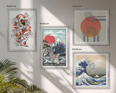 Zarámovaný set obrazov s japonskými ilustráciami hôr a rybích motívov