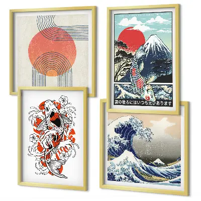 Zarámovaný set obrazov s japonskými ilustráciami hôr a rybích motívov