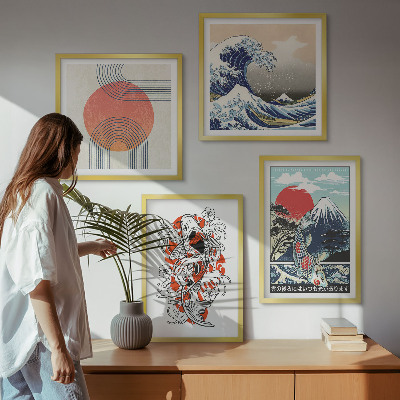 Zarámovaný set obrazov Ilustrácie hôr rybích mávnutí Japonsko
