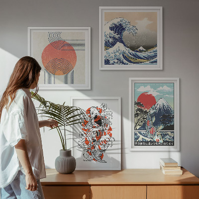 Zarámovaný set obrazov Ilustrácie hôr rybích mávnutí Japonsko