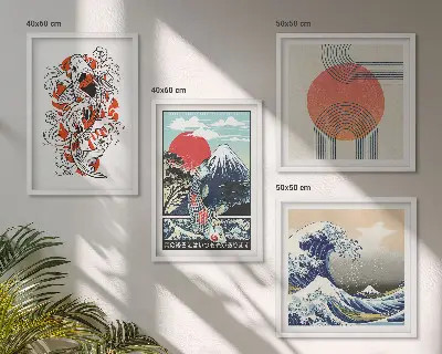 Zarámovaný set obrazov s japonskými ilustráciami hôr a rybích motívov