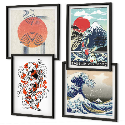 Zarámovaný set obrazov Ilustrácie hôr rybích mávnutí Japonsko