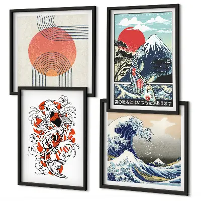 Zarámovaný set obrazov s japonskými ilustráciami hôr a rybích motívov