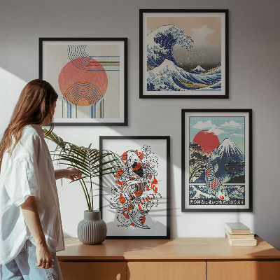 Zarámovaný set obrazov Ilustrácie hôr rybích mávnutí Japonsko
