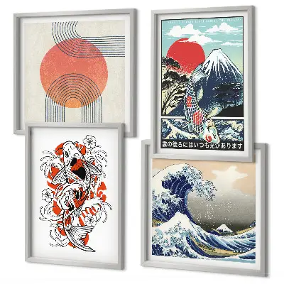 Zarámovaný set obrazov s japonskými ilustráciami hôr a rybích motívov