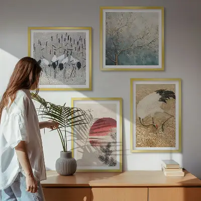 Japonská krajina so žeriavmi zarámovaná súprava obrazov