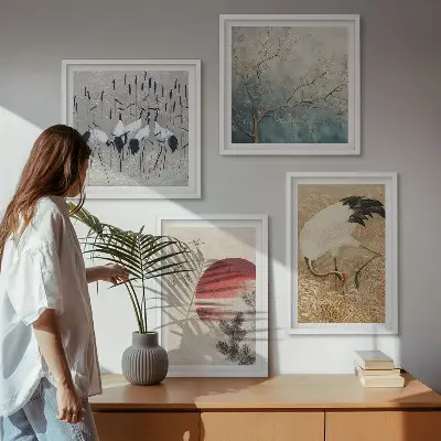 Japonská krajina so žeriavmi zarámovaná súprava obrazov