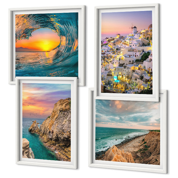 Zarámovaný set obrazov Morské vlny biele domy Santorini