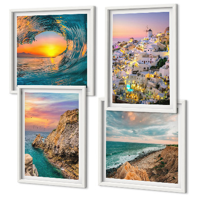 Zarámovaný set obrazov Morské vlny biele domy Santorini