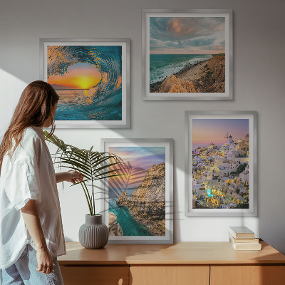 Zarámovaný set obrazov Morské vlny biele domy Santorini