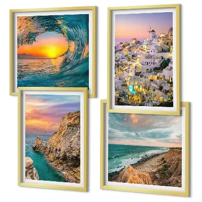 Zarámovaný set obrazov morské vlny a biele domy na Santorini