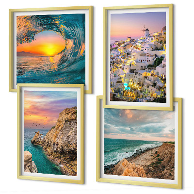 Zarámovaný set obrazov Morské vlny biele domy Santorini