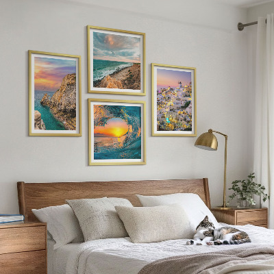 Zarámovaný set obrazov Morské vlny biele domy Santorini