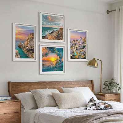Zarámovaný set obrazov Morské vlny biele domy Santorini