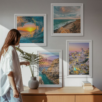 Zarámovaný set obrazov Morské vlny biele domy Santorini
