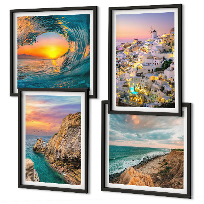 Zarámovaný set obrazov Morské vlny biele domy Santorini