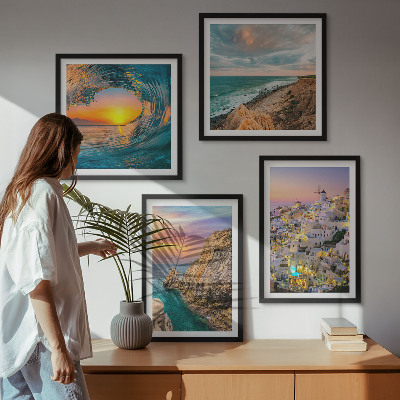 Zarámovaný set obrazov Morské vlny biele domy Santorini