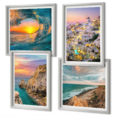 Zarámovaný set obrazov Morské vlny biele domy Santorini