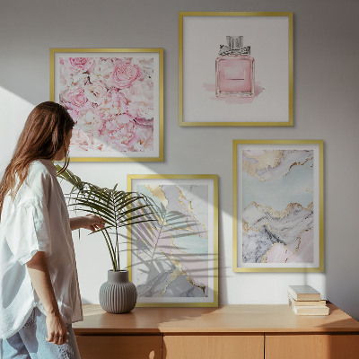 Zarámovaný set obrazov Ružové kvety mramorový pastel