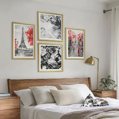 Zarámovaný set obrazov sivé maľby s motívom Eiffelovej veže
