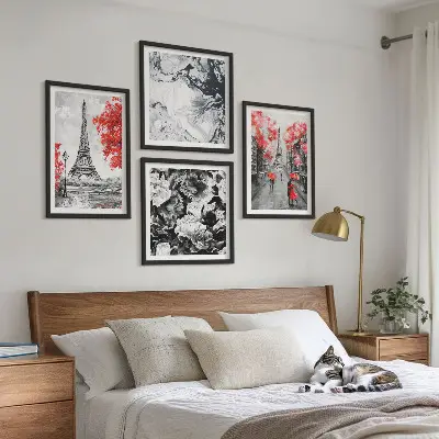 Zarámovaný set obrazov sivé maľby s motívom Eiffelovej veže