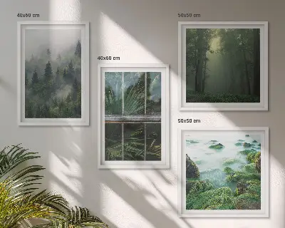 Zarámovaný set obrazov lesná hmla, rieka a skleníkové rastliny