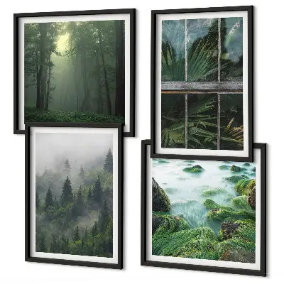 Zarámovaný set obrazov lesná hmla, rieka a skleníkové rastliny