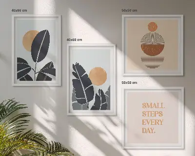 Dekoratívna sada obrazov rastlinné vzory s veľkými minimalistickými slnkami