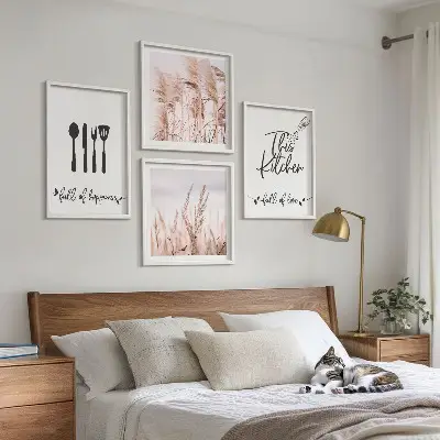 Zarámovaný set obrazov kuchynské boho písmo s motívom trávy