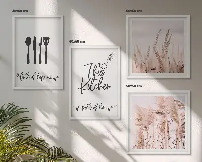 Zarámovaný set obrazov kuchynské boho písmo s motívom trávy