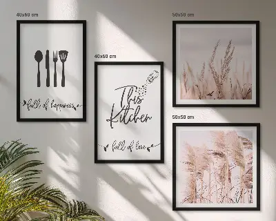Zarámovaný set obrazov kuchynské boho písmo s motívom trávy