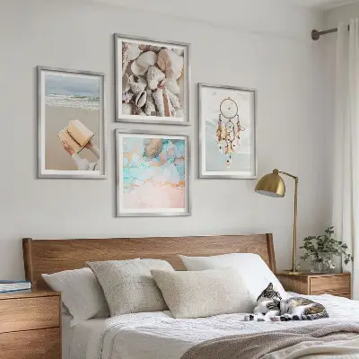 Zarámovaný set obrazov boho s motívom knihy a morských mušlí
