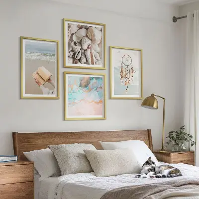 Zarámovaný set obrazov boho s motívom knihy a morských mušlí