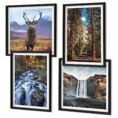 Zarámovaný set obrazov Vodopád les hory jeleň príroda