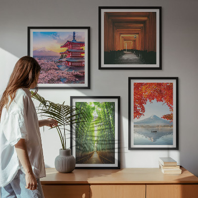 Zarámovaný set obrazov Bambusový les Fuji torii Japonsko