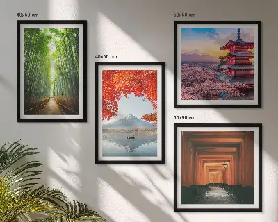 Bambusový les a brána torii v Japonsku zarámovaná sada obrazov