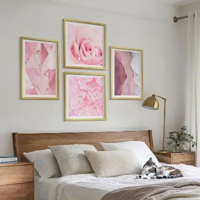 Ružové geometrické pivonky zarámovaný set obrazov