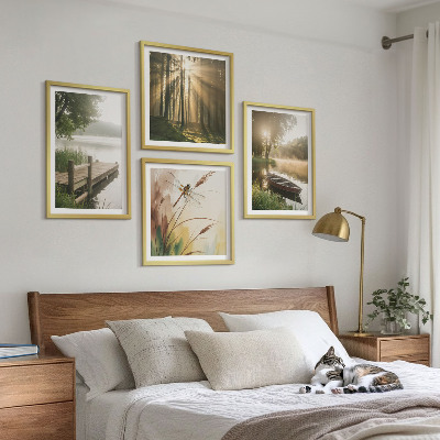 Zarámovaný set obrazov Jazero, les, loď, ranná hmla