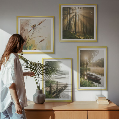 Zarámovaný set obrazov Jazero, les, loď, ranná hmla