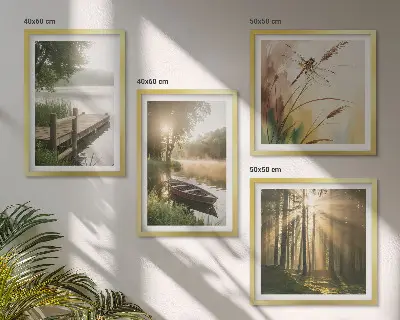 Zarámovaný set obrazov jazero s lesom, loďou a rannou hmlou