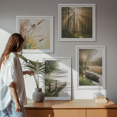 Zarámovaný set obrazov Jazero, les, loď, ranná hmla