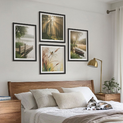 Zarámovaný set obrazov Jazero, les, loď, ranná hmla