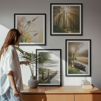 Zarámovaný set obrazov Jazero, les, loď, ranná hmla