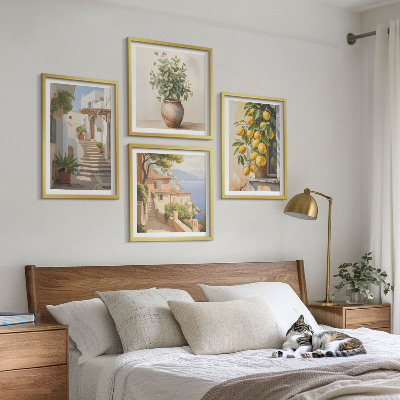 Zarámovaný set obrazov Citrónové kvetináče, rastliny, ulica